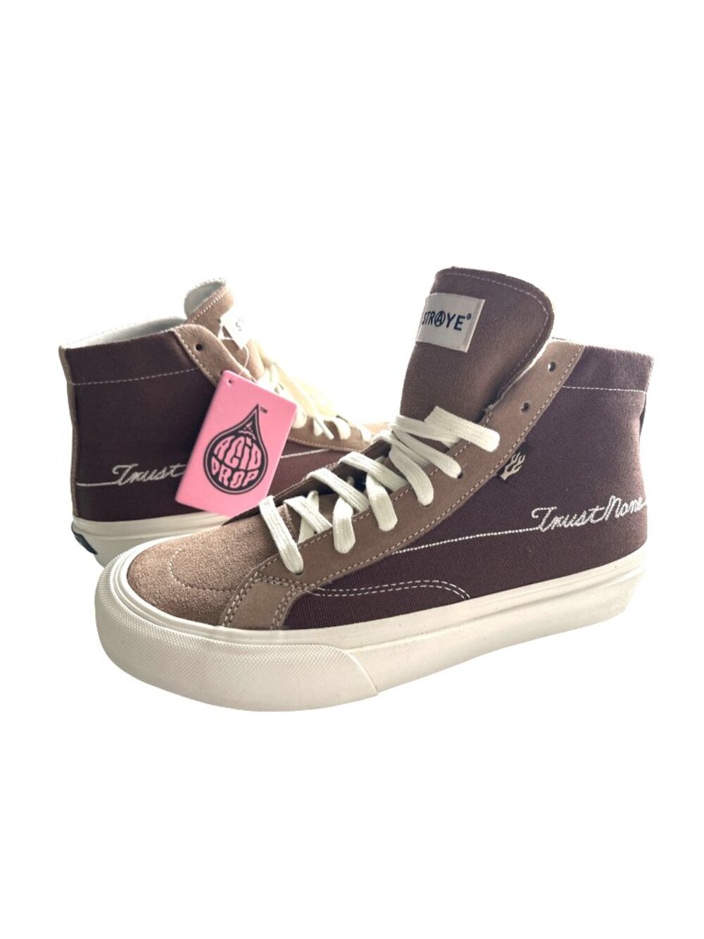 TRUST NONE NWT Straye Brown High-Top Sneakers Embroidery Acid Drop Tag Size 9.5